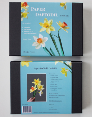 A Paper Daffodil Craft Kit shown in two stacked rectangular boxes against a light gray background. The boxes are black with a large light blue front label featuring yellow and white daffodil flowers, product title text, and a small inset photo of a hand holding flowers.