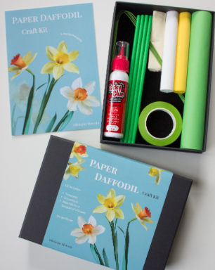 Paper Daffodil Craft Kit shown with its printed cover, open contents tray, and closed box on a light gray background. The kit includes floral paper rolls, green stems, white and yellow paper, green tape, a red spray bottle, and other small craft supplies.