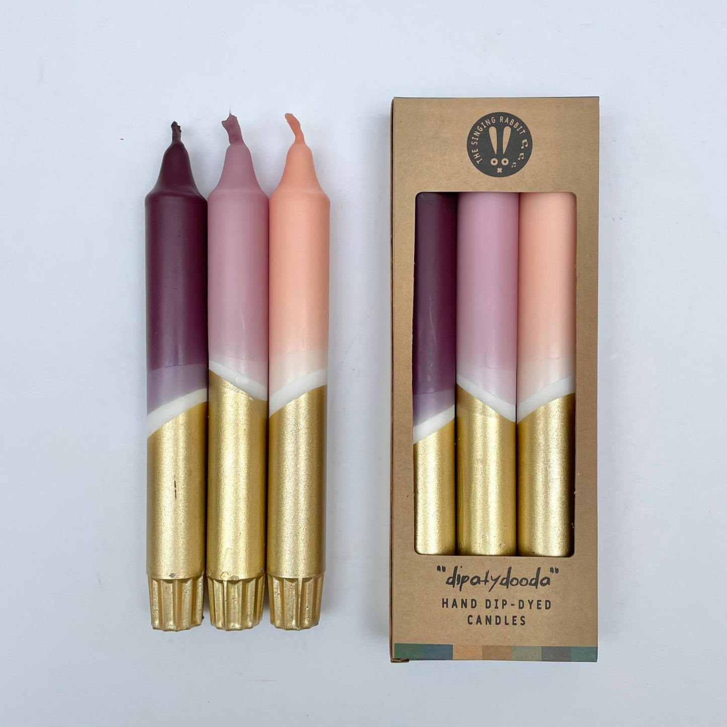 Packaged set of three hand dip dyed candles by The Singing Rabbit for Heart Gallery
