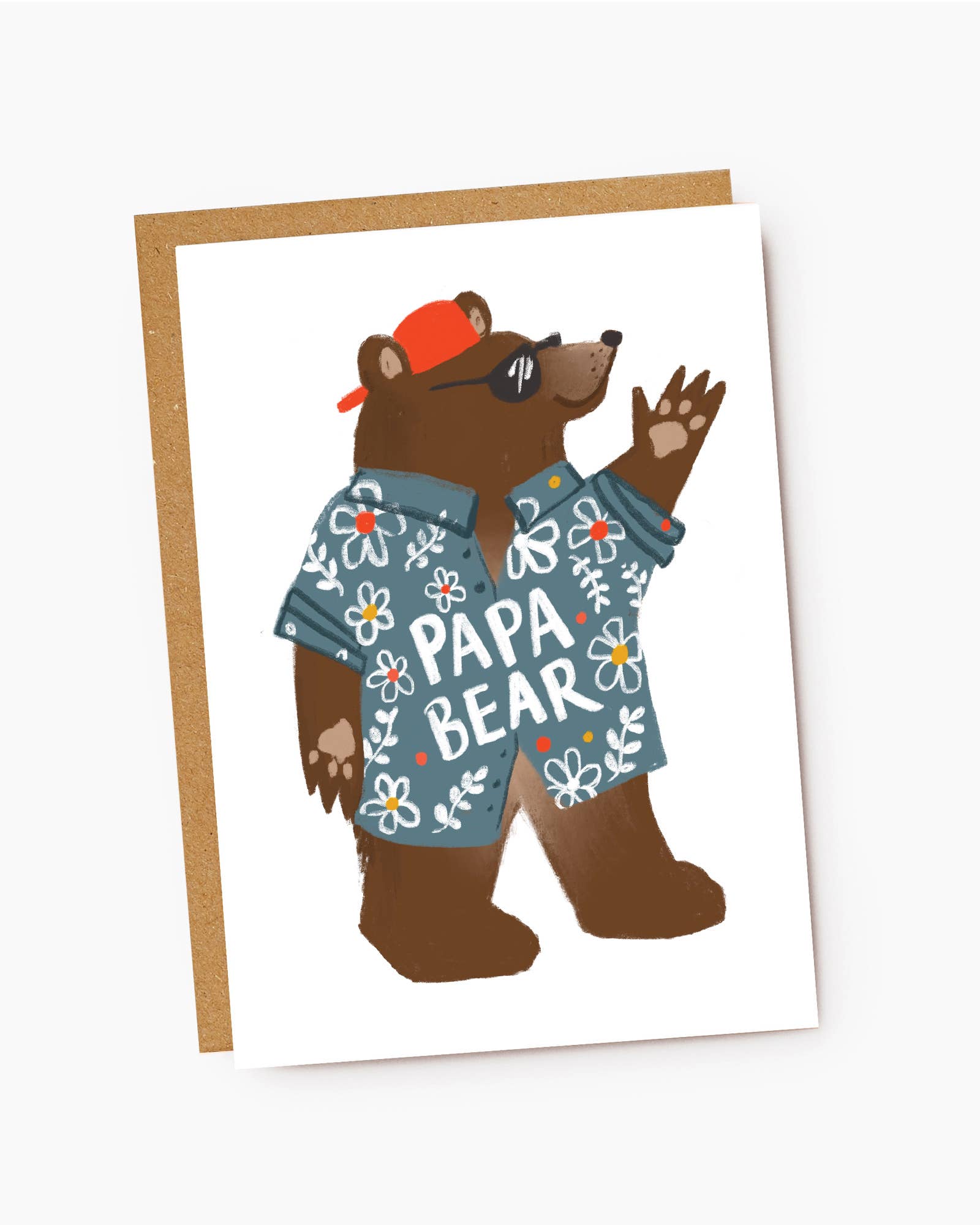 Card with a bear wearing a 'Papa Bear' shirt and a red cap on a white background. Birthday or Father's Day card