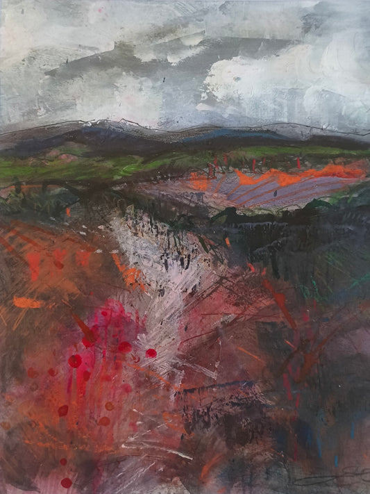 Pecket Well Moor Ablaze original painting by Louise Teal for Heart Gallery. Portrait of a Northern Town 