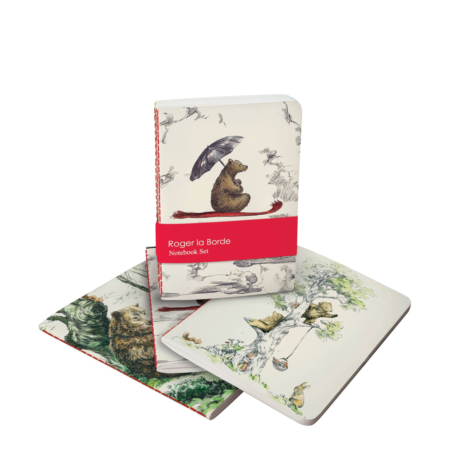 Set of notebooks with animal illustrations and 'Roger la Borde' branding on a white background