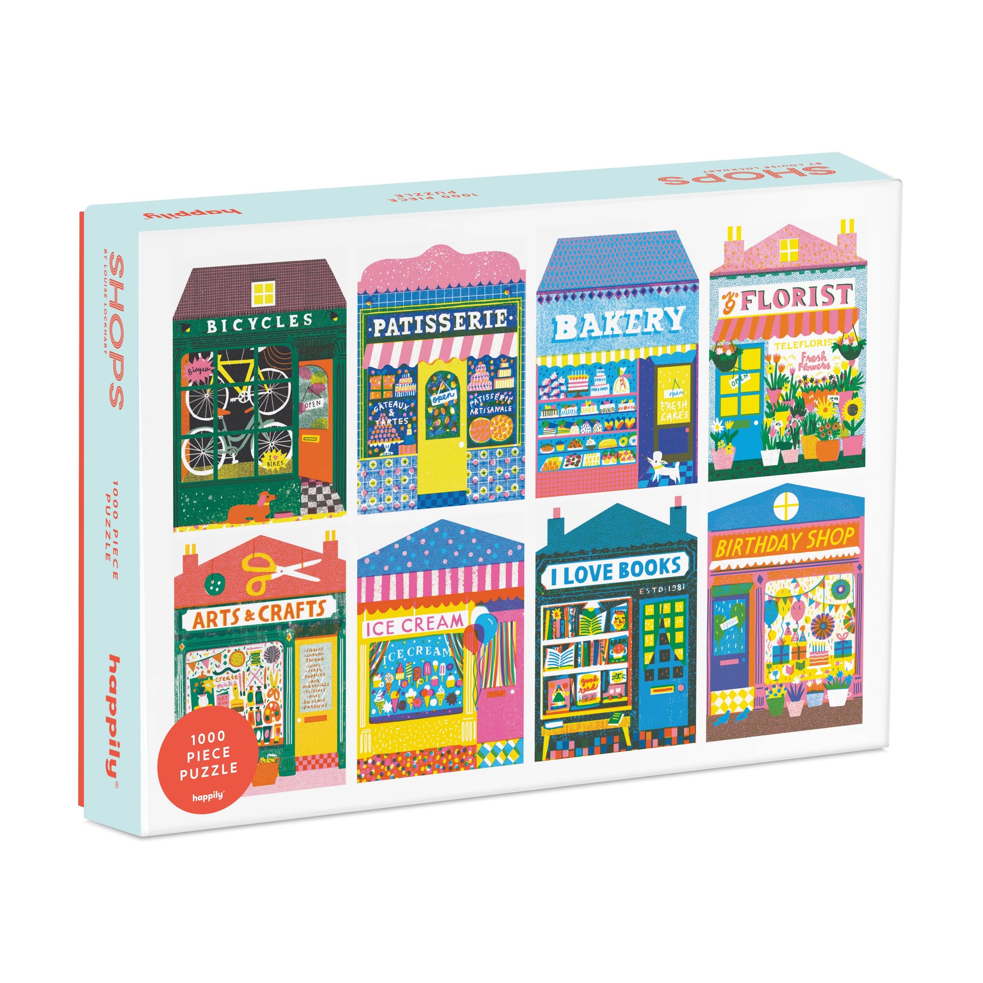 Box of a puzzle with colorful illustrations of various shops on a white background