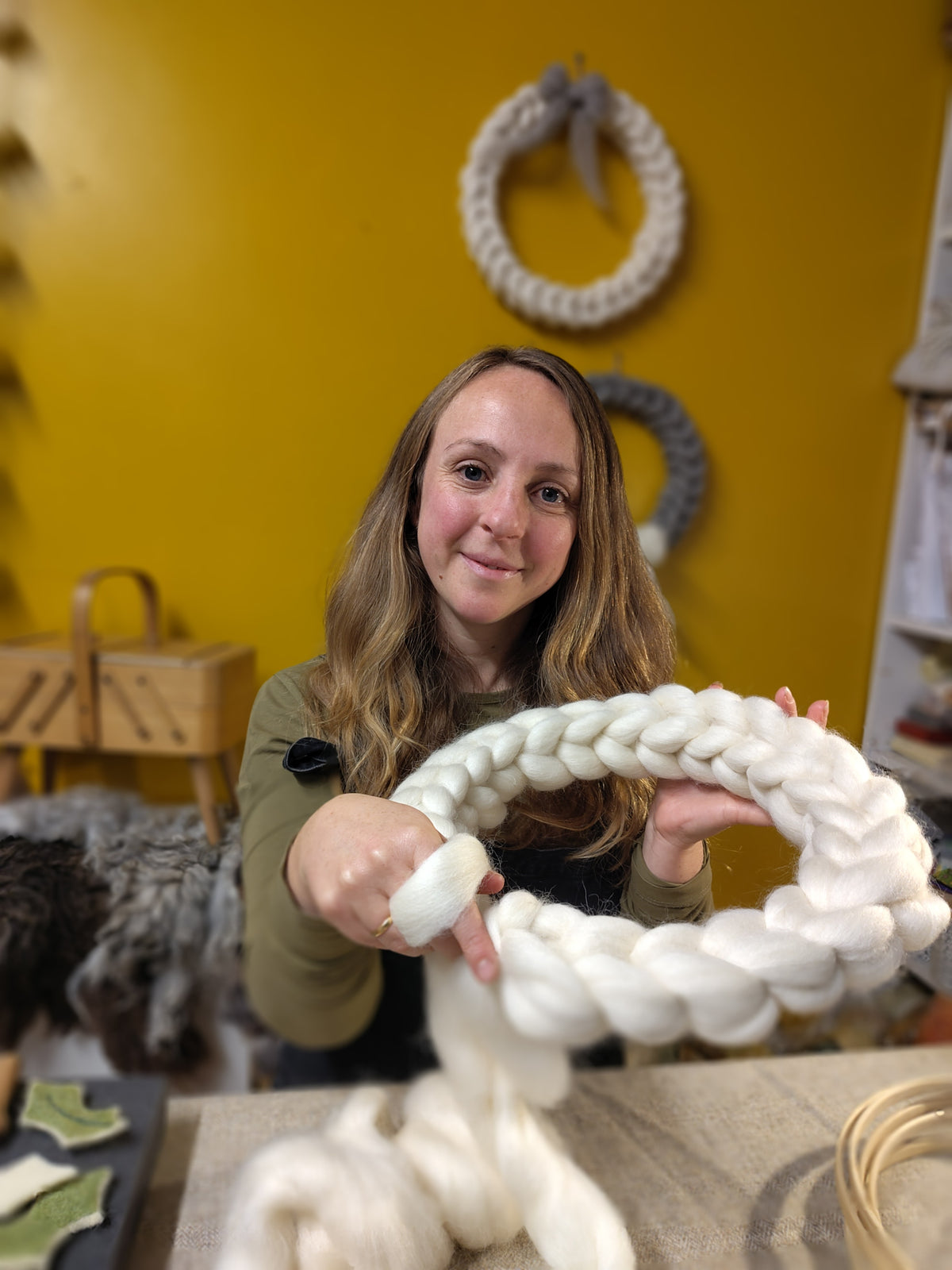 Workshops with Sophie making a Festive Wool Wreath at Heart Gallery
