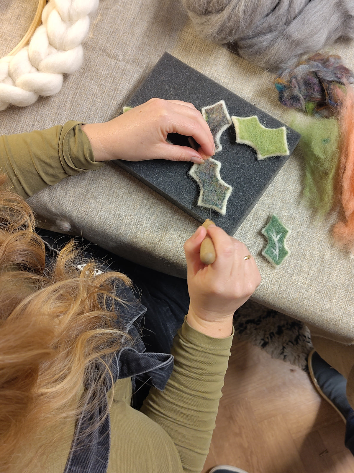 Workshops with Sophie making a Festive Wool Wreath at Heart Gallery Needle felting close up