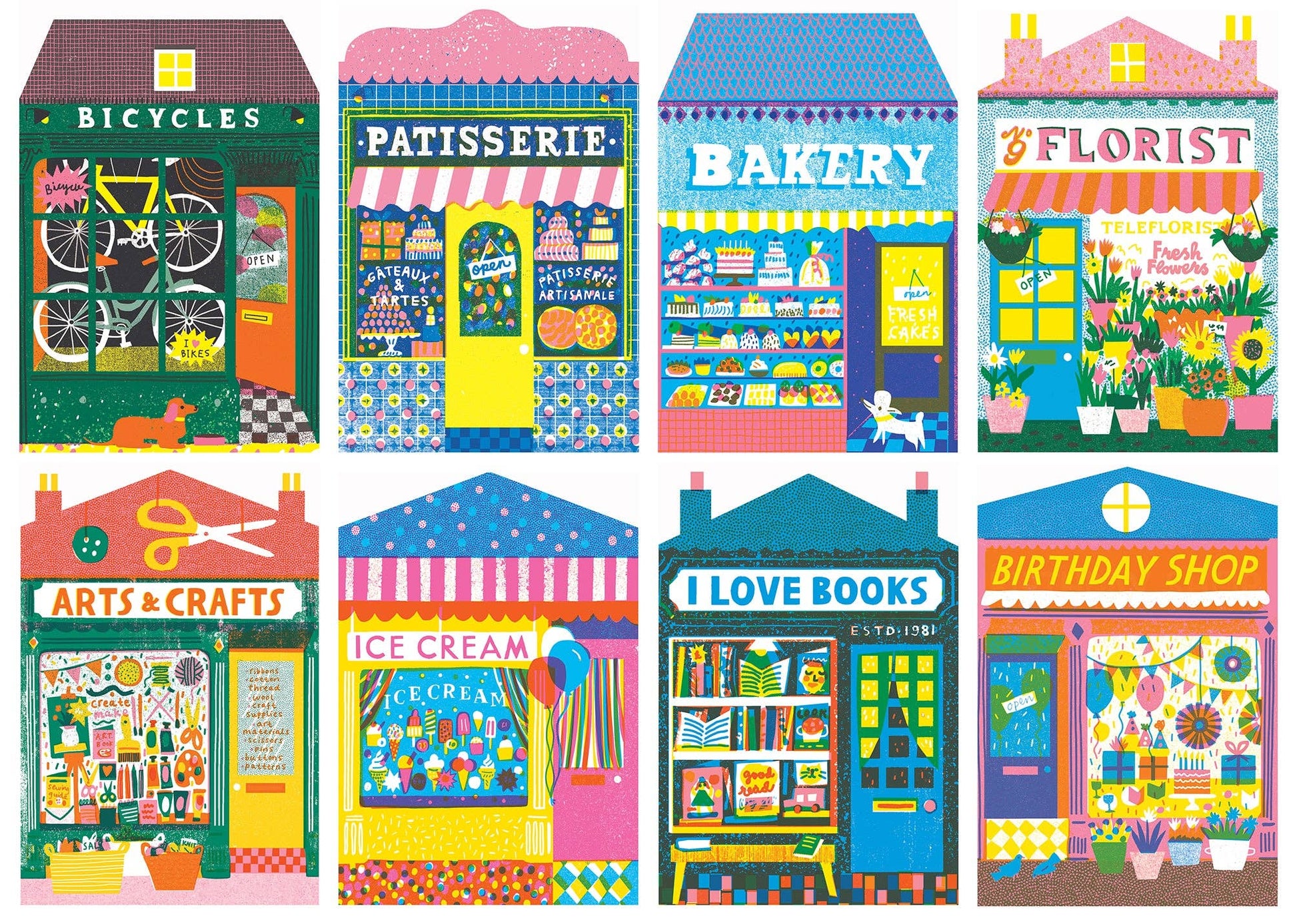 Illustrations of colorful store fronts including a bicycle shop, patisserie, bakery, florist, arts and crafts store, ice cream shop, bookshop, and birthday shop in a 1000 piece jigsaw