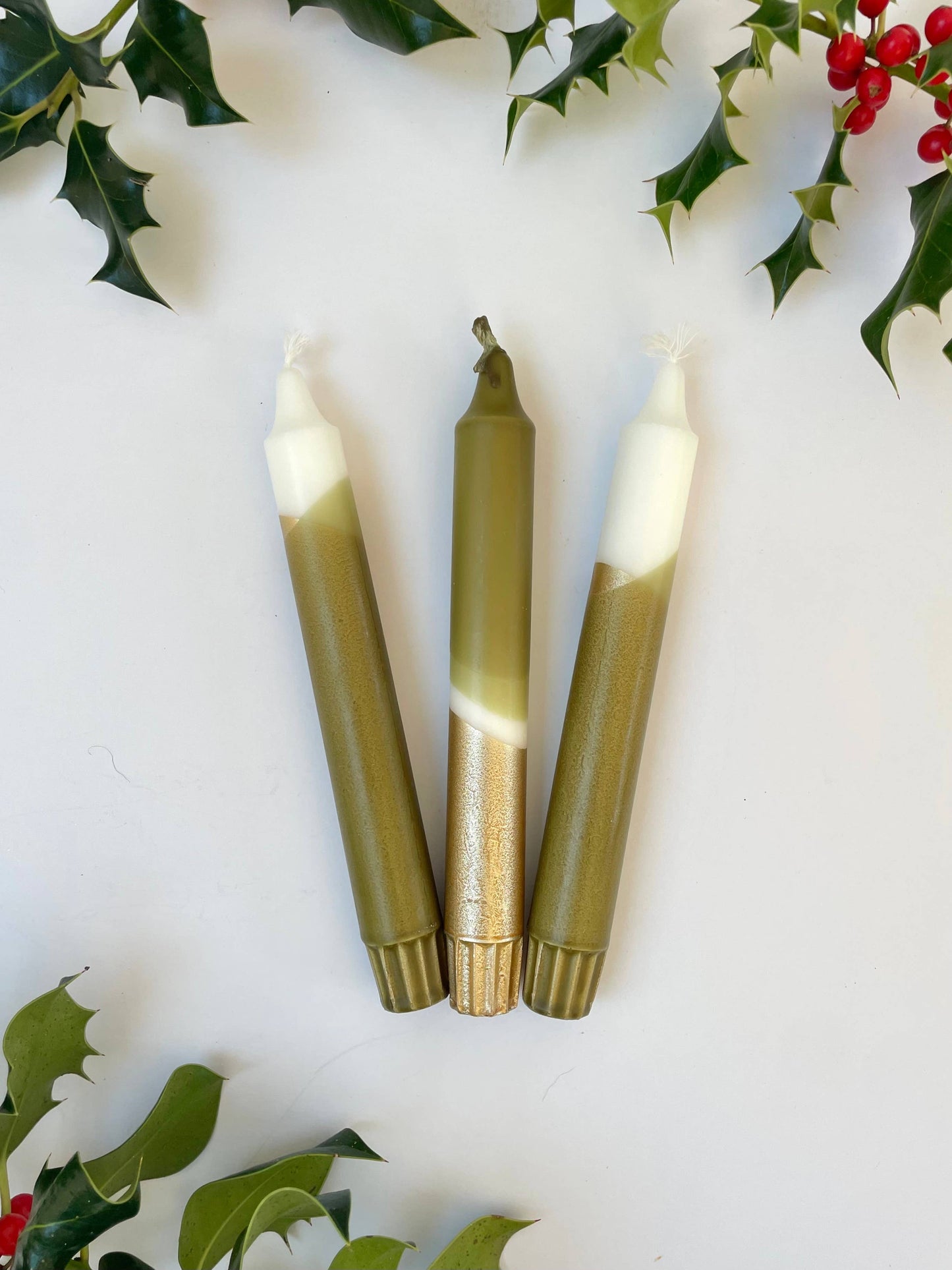 The Singing Rabbit 3 hand dip dyed candles in olive green and gold for Heart Gallery