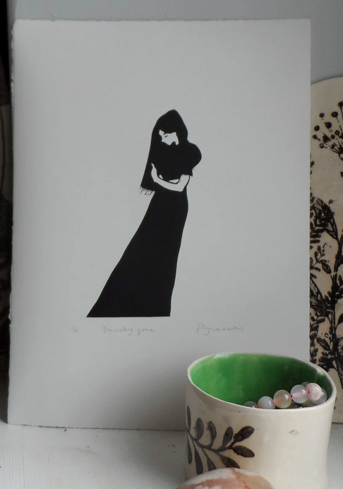 A signed and titled linocut print by Polly Marix-Evans, depicting a figure in black attire, displayed on a white background paper, unmounted and unframed, with a green cup partially visible in the foreground.