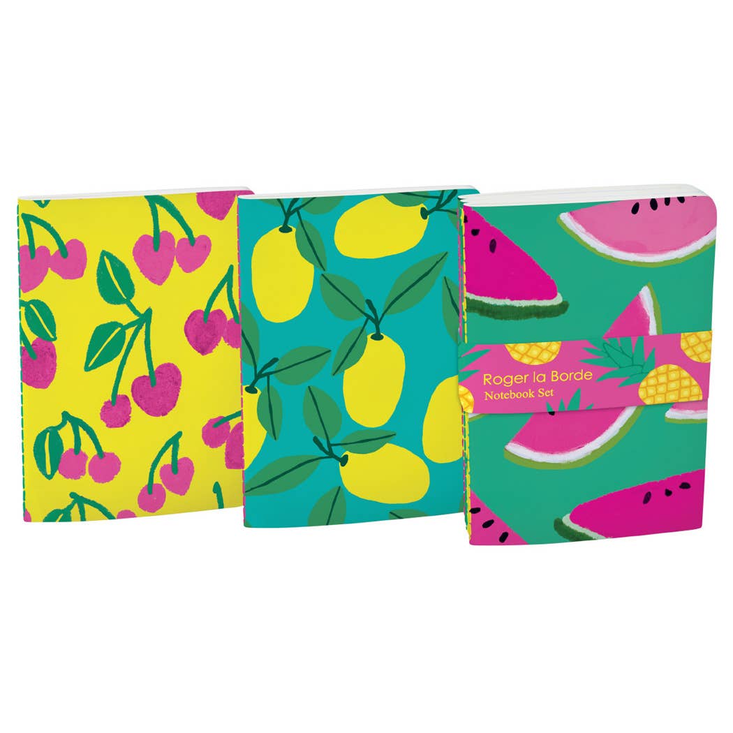 Three colorful notebooks with fruit patterns on a white background