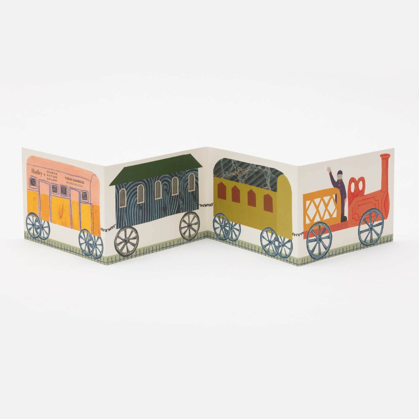 Colorful train concertina card with cartoon-like design on a white background