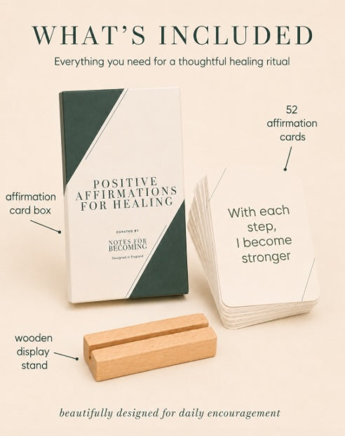 Positive Affirmations for Healing affirmation card set with a white and dark green box, a stack of white affirmation cards, and a wooden display stand on a beige background. Text labels indicate what is included.