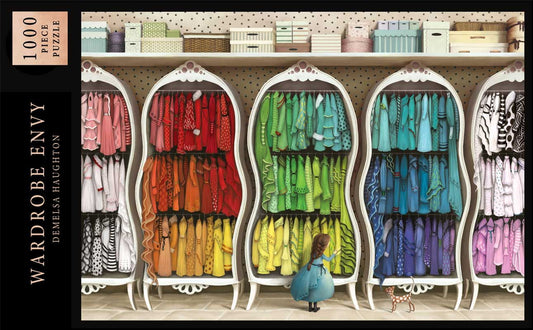 Wardrobe Envy puzzle packaging with colorful wardrobe design and a woman looking into it.