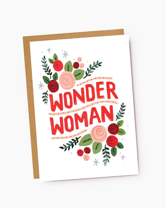 Greeting card with 'Wonder Woman' text and floral design on a white background