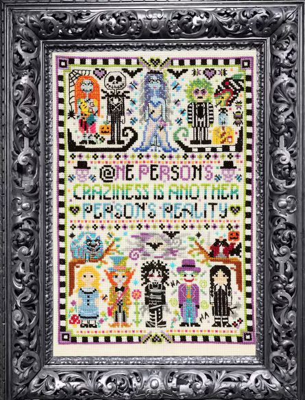 Decorative cross-stitch pattern with characters and text in a decorative frame. Helen Bretherton for Heart Gallery