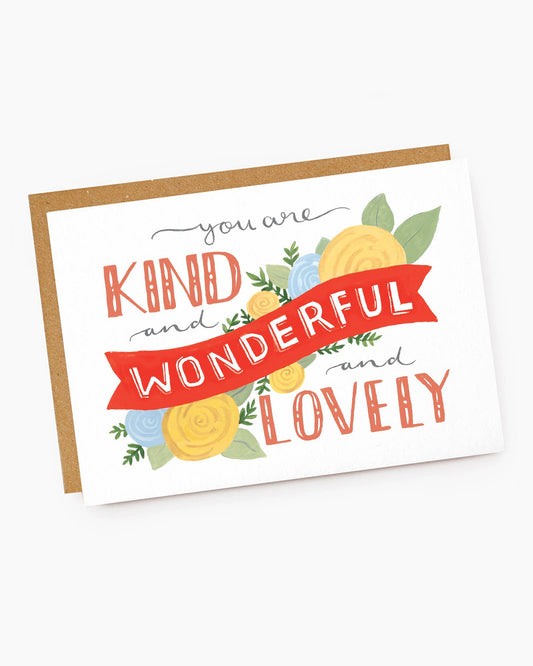 kind wonderful and lovely white card, birthday card, graphic text