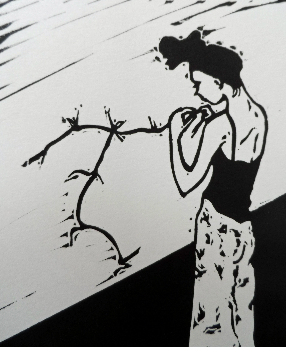 A black and white linocut print of a figure tying up loose ends, with the signature of the artist, Polly Marix-Evans, at the bottom.