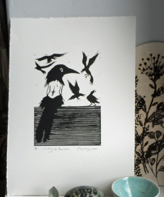 Original linocut artwork featuring a figure with birds, signed and titled by Polly Marix-Evans.