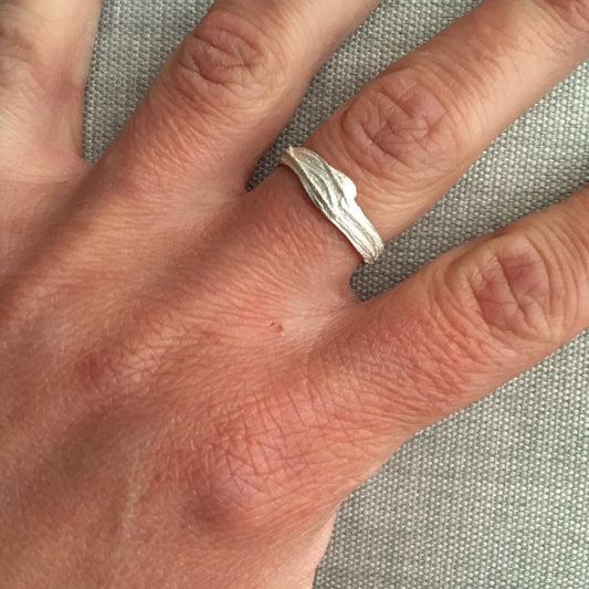 Hand wearing a silver ring on a textured gray background