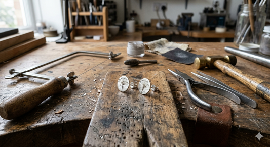 Jewelery-making tools and materials on a wooden workbench in a workshop.