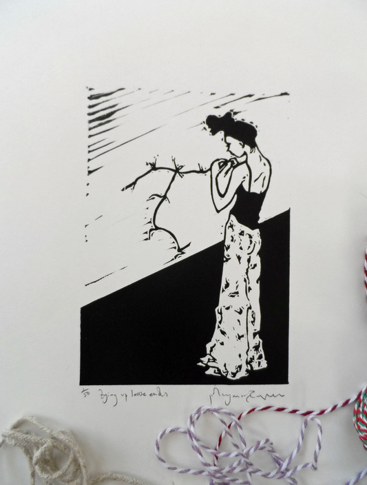 A black and white linocut print of a figure tying up loose ends, with the signature of the artist, Polly Marix-Evans, at the bottom.