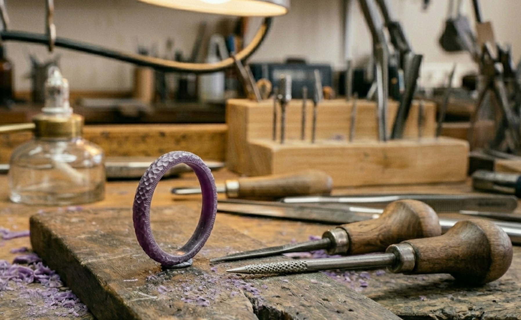 wax carved ring on a workbench with tools and materials.